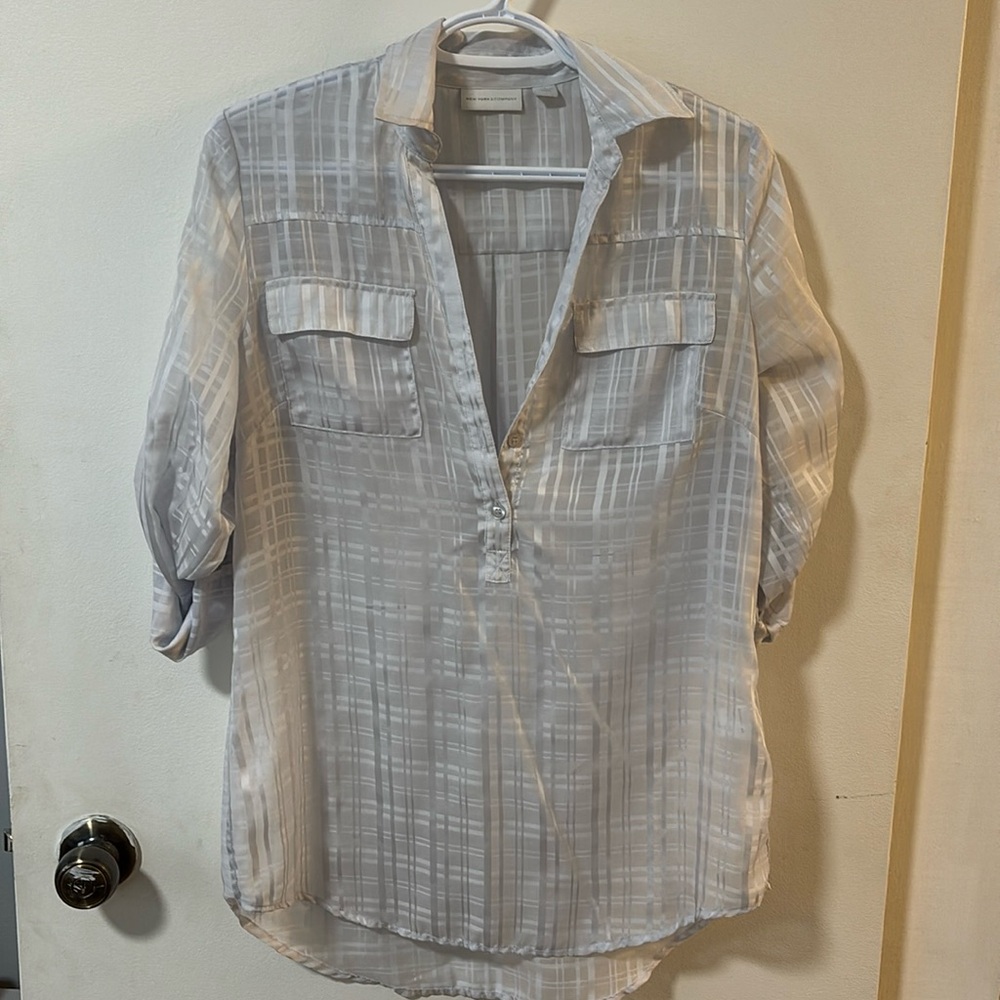 New York & Company tunic blouse. Sheer silver plaid.